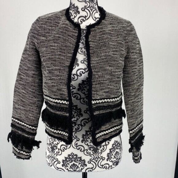 H&M black and white tweed blazer with fringe mixed media. size 2 - Picture 2 of 9